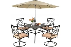 Oakcloud 5-Piece Metal Outdoor Patio Furniture Outdoor Dining Set with Brown Umbrella, 4 Metal Swivel Chairs and Square Dining Table with Umbrella Hole