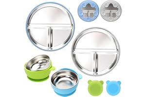 MISSLILI Stainless Steel Baby Plate and Bowls with Suction, Divided Kids Baby Plate and Toddler Bowl with Removable Silicone Suction, Non-Slip Baby Feeding Set Dishwasher Safe，4 Packs
