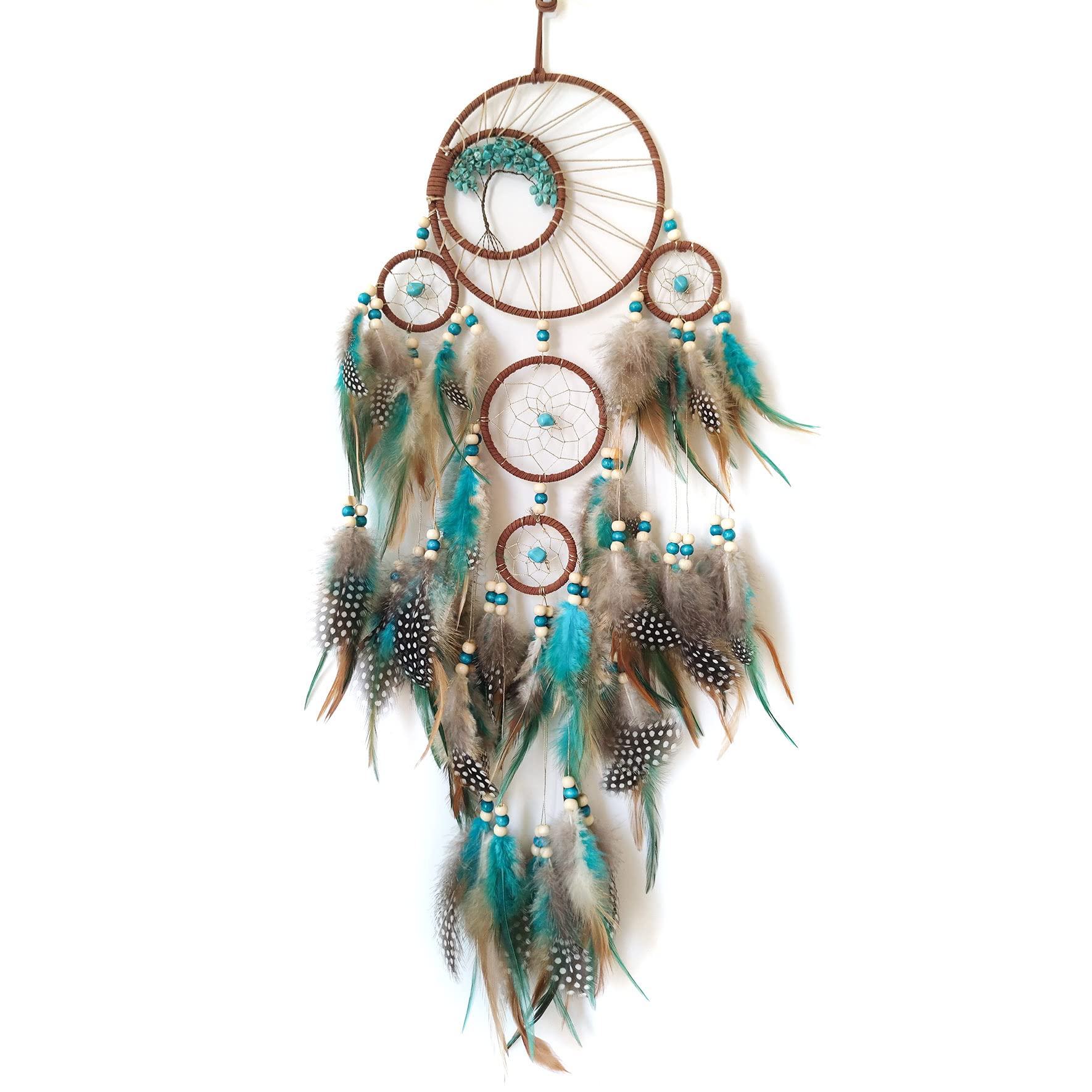 Donko Blue and Brown Large Dream Catcher Wall Decor Crystal Tree of Life Dream Catchers Handmade Feather Dreamcatcher Wall Hanging Ornament for Bedroom Living Room Home Decor
