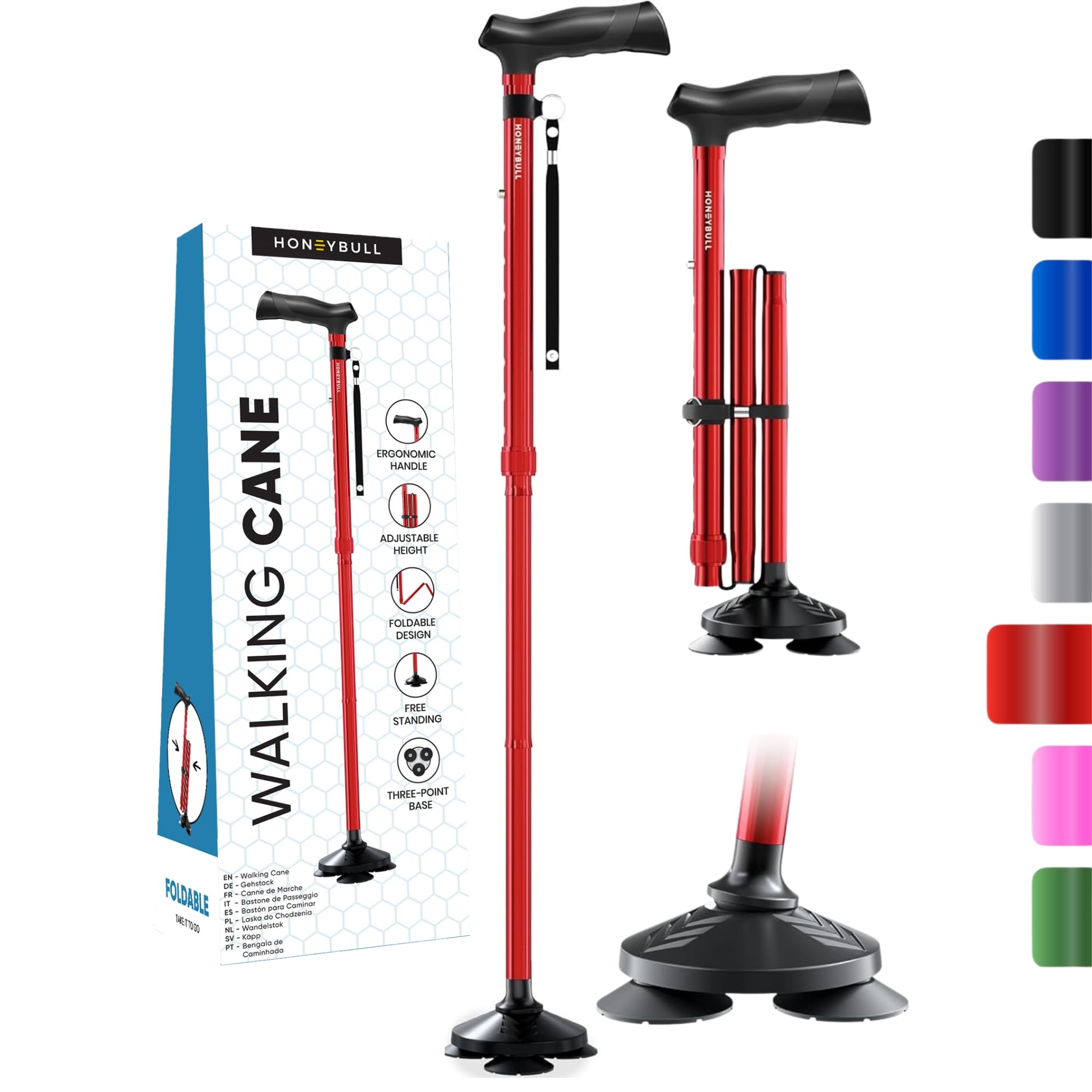 HONEYBULL Walking Cane for Men & Women - Foldable, Adjustable, Collapsible, Free Standing Cane, Pivot Tip, Heavy Duty | Walking Sticks, Folding Canes for Seniors & Adults (Red)