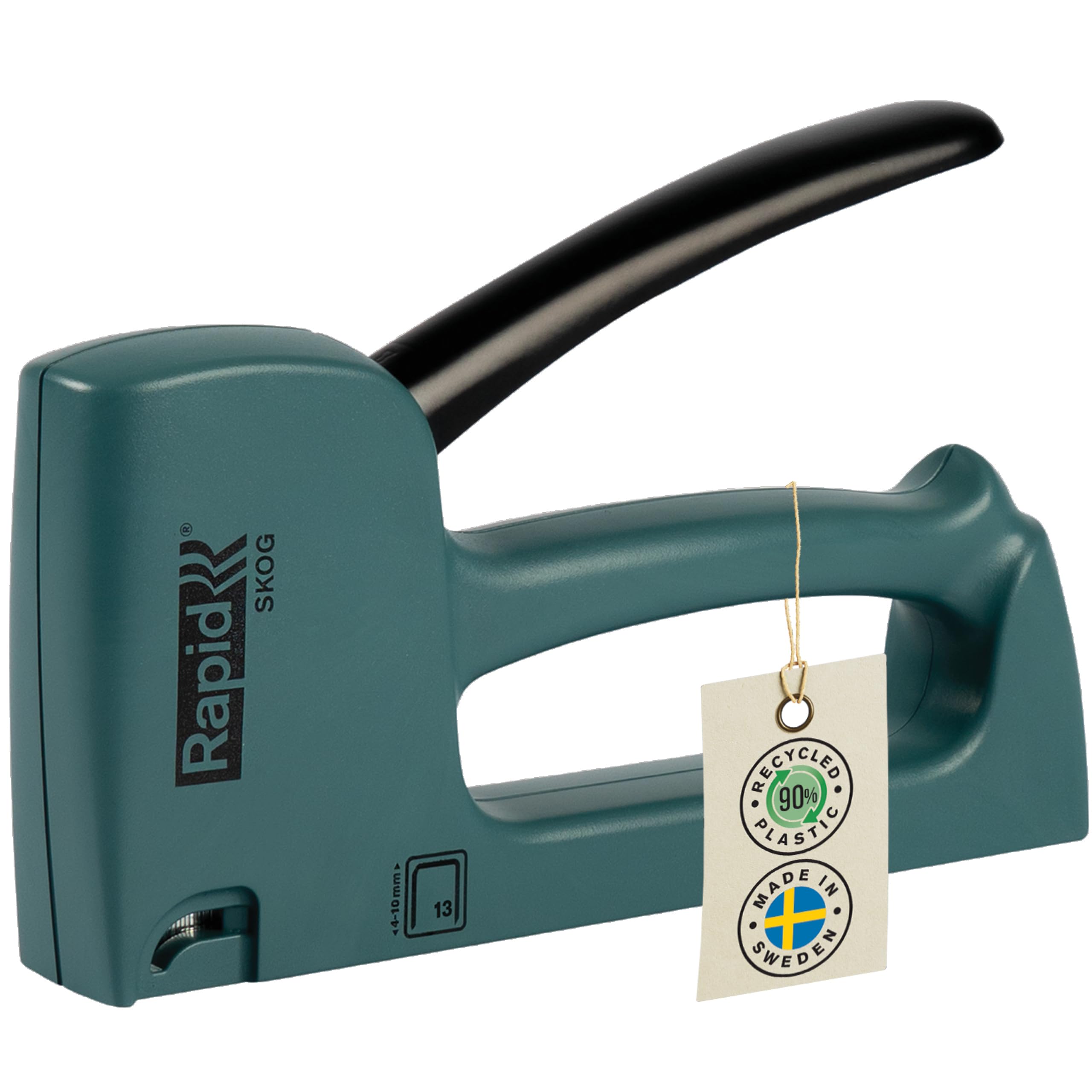 Rapid R13 Staple Gun Skog Green - Casing Crafted With 90% Recycled Plastics, Made in Sweden, Upholstery Staple Gun With All-steel Wear Parts Inside, For No.13 Staples 4-10mm