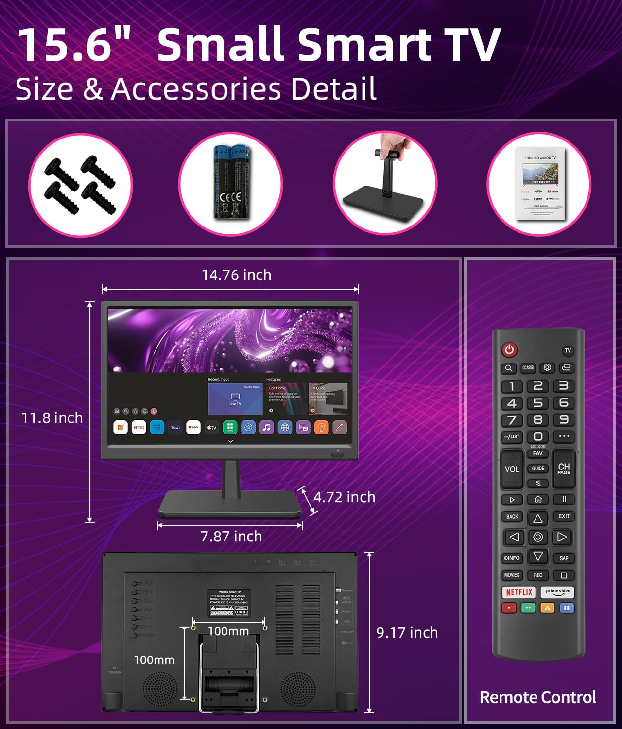 Feihe 15.6 Inch Small Smart TV HD 1080P LED, Flat Screen Smart Television with ATSC Tuner/HDMI/USB/AV for Kitchen, RV, Camper, Home & Bedroom or On-The-Go Entertainment