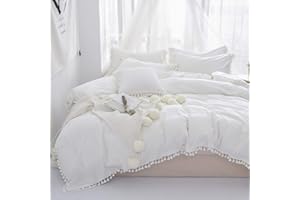 SOFTTA Vintage Boho Bedding Tassel Duvet Cover Fringed Queen 3Pcs 100% Washed Cotton Vintage and Elegant Ruffle Duvet Covers White with Zipper Close & Corner Ties
