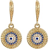 Ornaland Evil Eye Dangle Hoop Earrings Cubic Zirconia Huggie Hoop Drop Earring Flat Round Evil Eye Charms Dainty Earring Jewelry Gift for Women