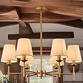 Fivootvi Gold Chandelier with Shades 6 Light Ceiling Light Fixture with Linen Fabric Farmhouse Pendant Lights for Bedroom Kit