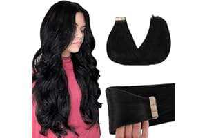 GOO GOO Tape in Hair Extensions Human Hair, 1 Jet black, 20inch 50g 20pcs, Skin Weft Seamless Invisible, Silky Straight with Thick Ends, Remy Human Hair