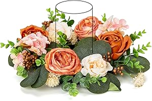 WELL KNOWN Artificial Flower Candle Rings Wreath, 12" Small Burnt Orange & Champagne Ranunculus Rose Wreath for Candles & Candleholders, Table Centerpiece for Winter Home Wedding Christmas Party Hanging Decor