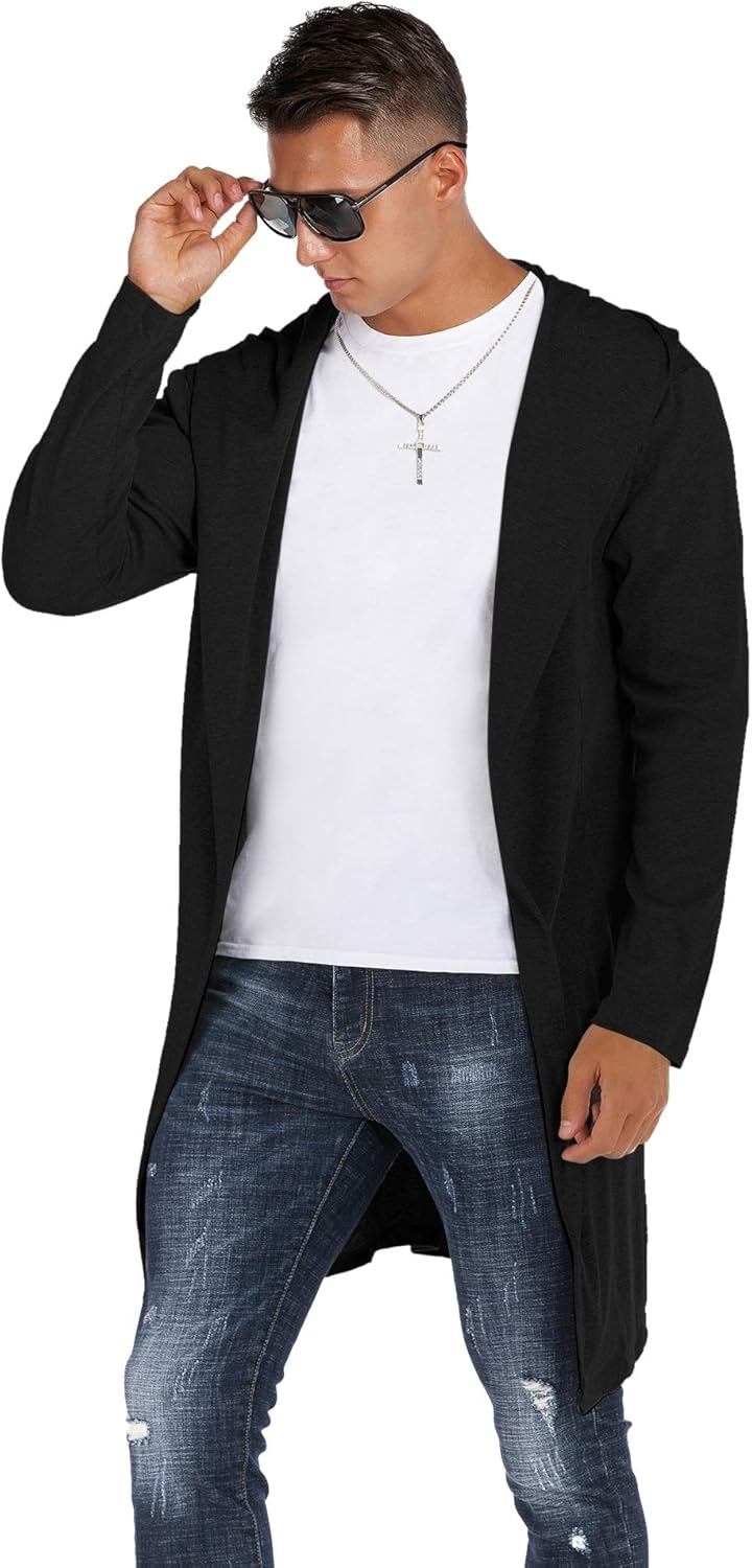 RAGEMALL Mens Long Cardigan Open Front Draped Lightweight Hooded Sweater with Pockets at  Men’s Clothing store