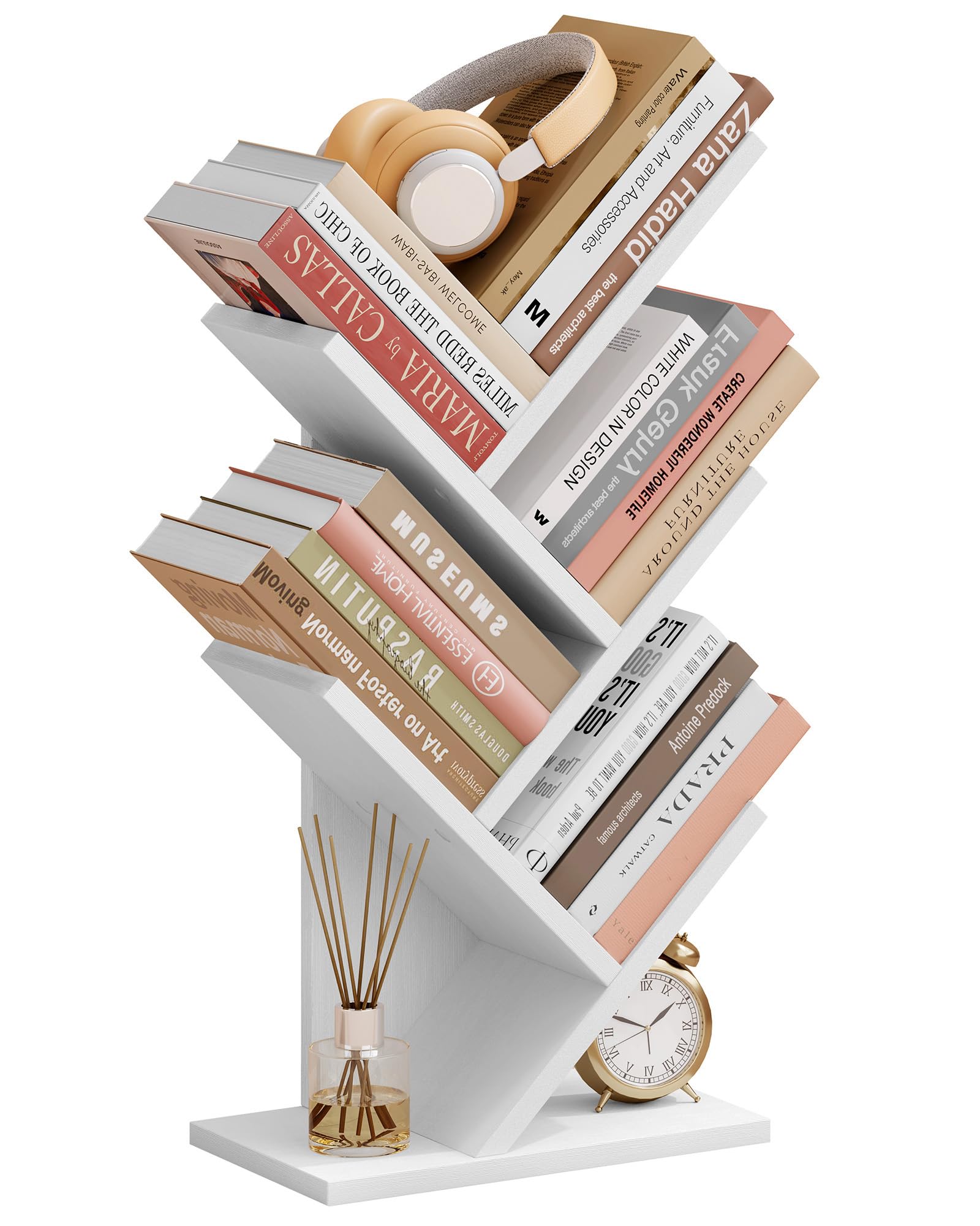 Photo 1 of ***BASE IS CRACKED***Hoctieon 4 Tier Tree Bookshelf, 4 Shelf Bookcase, Free Standing Tree Bookcase, Display Floor Standing Shelf for Books, Book Organizer Shelves for Home Office, Living Room, Bedroom, White***BASE IS CRACKED***