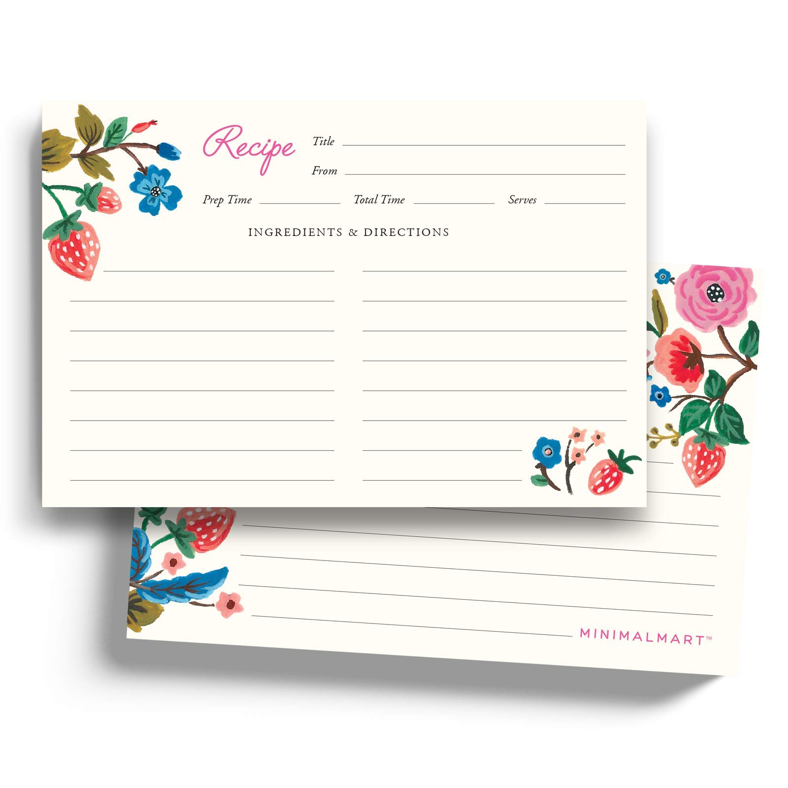 Strawberry Recipe Cards By Minimalmart | 4x6” Double Sided Recipe Cards |Thick Premium Card Stock With Kraft Paper Look | Ideal For Recipe Box Or Binder | Lots Of Space & Easy To Write On | Set Of 50