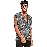 WDIRARA Men's Contrast Sequin Mesh Draped Collar Cowl Neck Sleeveless Casual Tank Top