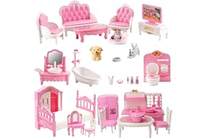 Xadothat Dollhouse Furniture Set, Complete Room Collection with Kitchen, Dining, Living Room, Bedroom and Bathroom Accessories, Plastic (36-Piece Pink)