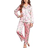 PATPAT Girls Satin Pajama Set - Silky Long Sleeve Sleepwear for Kids with Bag,Ages 5-14 Years