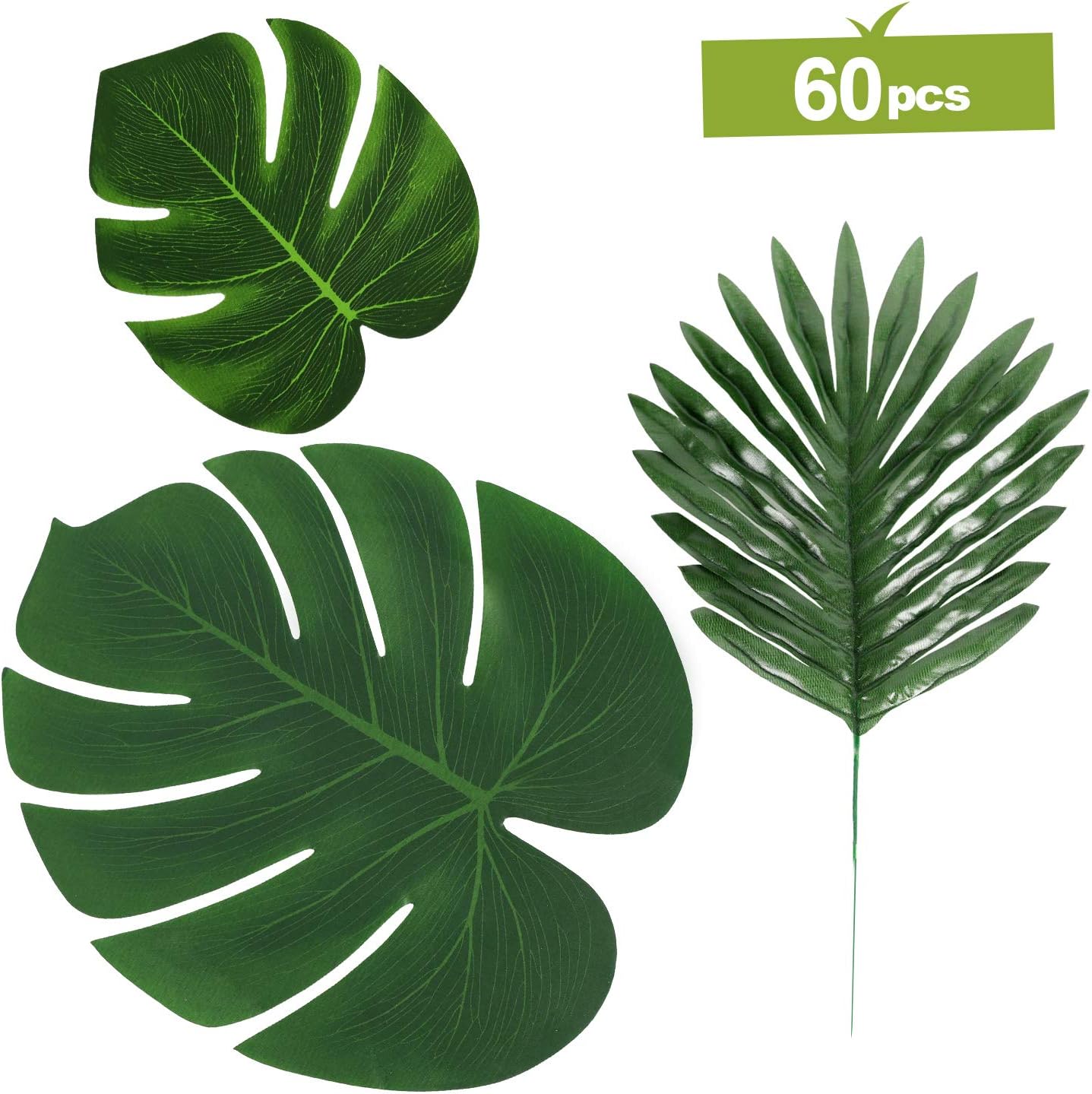 Veetio 60 Pcs Artificial Tropical Palm Leaves Luau Party Suppliers Decoration Faux Palm Leaves Safari Leaves for Hawaiian Luau Party Jungle Beach Birthday Theme BBQ Decorations(3 Styles)