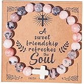 Christian Gifts for Women, Men Cross Beads Stretch Bracelet Catholic Religious Jewelry Gifts Natural Stone Pink Zebra Bracelet for Godmother, Mothers Day Gifts,Birthday Gifts,Easter Jewelry Gifts,Inspirational Gifts