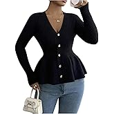 GORGLITTER Women's Ruffle Peplum Cardigan Sweater Button Down Fitted Long Sleeve Ribbed Knit Baby Doll Trendy Cardigan