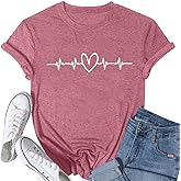 QFM Heartbeat T Shirt for Women Cute Love Heart Graphic Tees Inspirational Thankful Tee Casual Vacation Short Sleeve Top