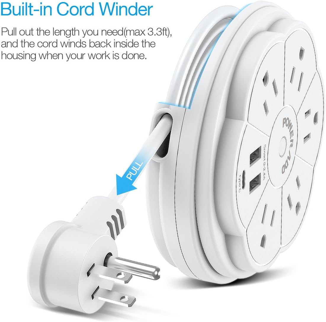 POWERADD Travel Power Strip 5 Outlet Surge Protector with Retractable Cord Smart USB Ports and Type-C Port, 125V/13A, 3.3ft Extension Cord, Portable & Neat for Travel/Home /Office: Home Improvement