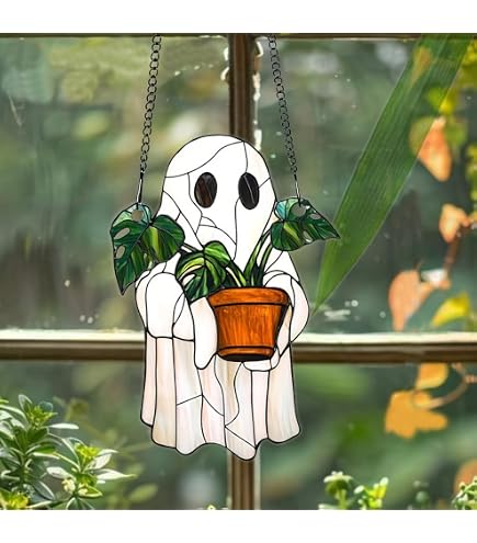 Amazon.com : Halloween Stained Glass Style Acrylic Suncatcher Haning - Ghost  and Monstera, Halloween Plant Lovers Gift, Cute Ghost Plant Hanging Decor,  Pendant Wall Window Ornament, Fall Hosting Decor (Style 6) :