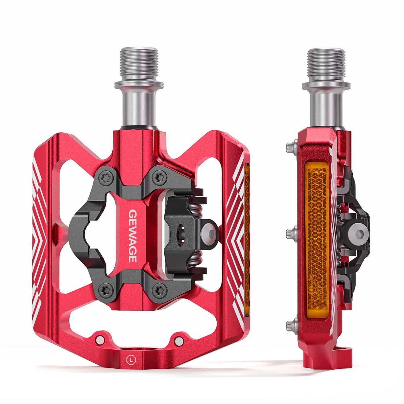 GEWAGE SPD Bike Pedals, 2 in 1 Dual Function Flat and SPD Pedals with Reflector, 9/16 Inch CrMo Axle for MTB Bikes, Road Bikes and E-Bikes (Red)