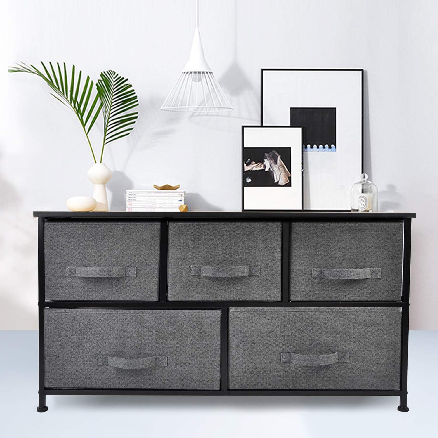 CERBIOR Wide Drawer Dresser Storage Organizer 5-Drawer Closet Shelves, Sturdy Steel Frame Wood Top with Easy Pull Fabric Bins for Clothing, Blankets - Charcoal: Home Improvement
