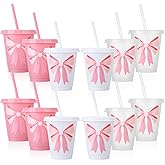 Ovveroche 12 Pcs Pink Bow Cups with Lids and Straws, 16 OZ Reusable Tumbler Plastic Cups for Baby Shower Wedding Bridal Birthday Party Decor