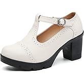 DADAWEN Women's Classic T-Strap Platform Mid-Heel Square Toe Oxfords Dress Shoes