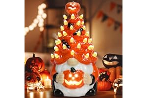 BHLUUIYER Light Up Ceramic Gnomes Halloween Tree, 8.6" Ceramic Tree with Pumpkin Bat - Vintage Orange Halloween Figurines for Bedroom Night Table Gnome Gifts