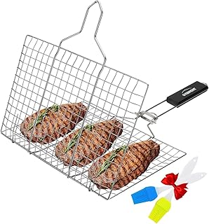 Overmont Grillroste Grillkorb Grill Fischhalter Gemüsekorb Burger Grillwender Fischbräter 18/8 304 Edelstahl mit Abziehbarem Holzgriff, Zwei Silikon Pinsel