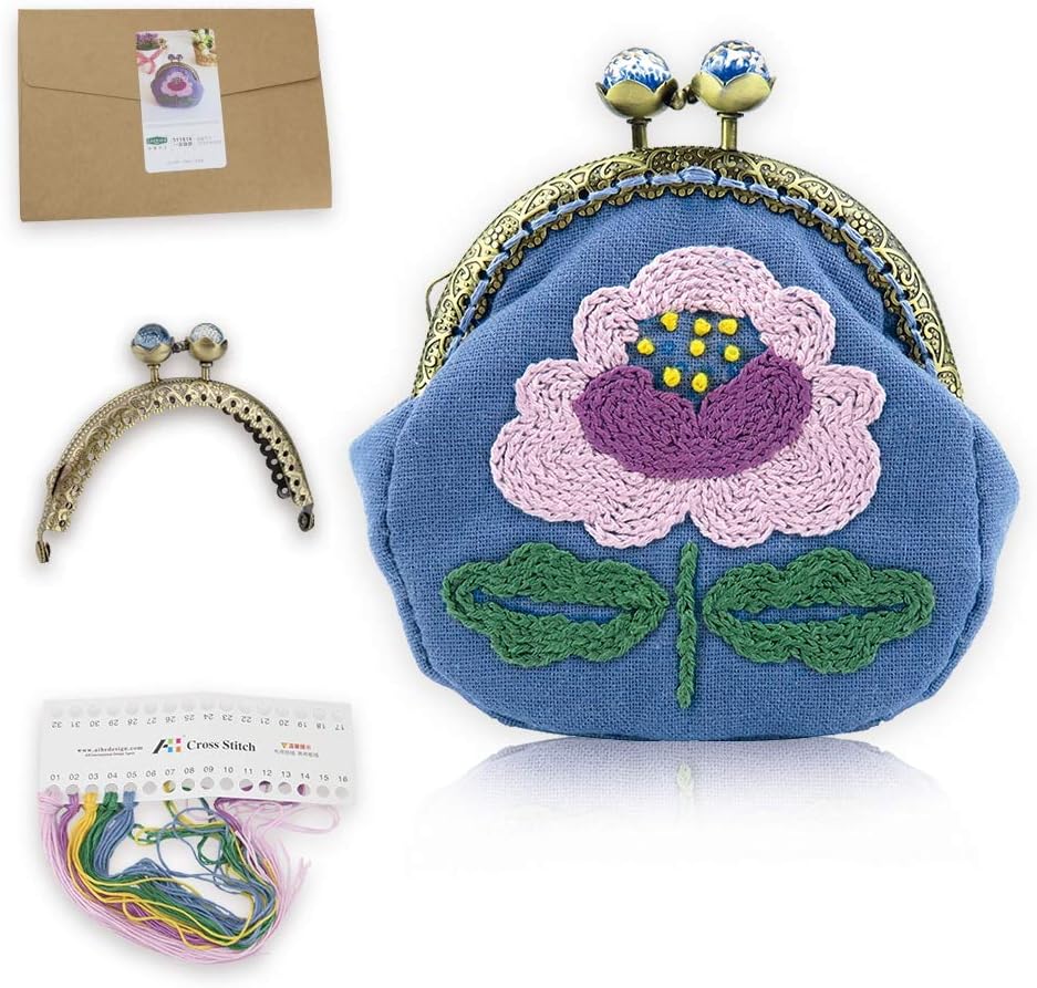 Embroidery Coin Purse Making Kits, Stamped Embroidery Kits for Beginners, Chinese Traditional Handmade Bag, Mini Embroidery Coin Purse for Woman and Girls