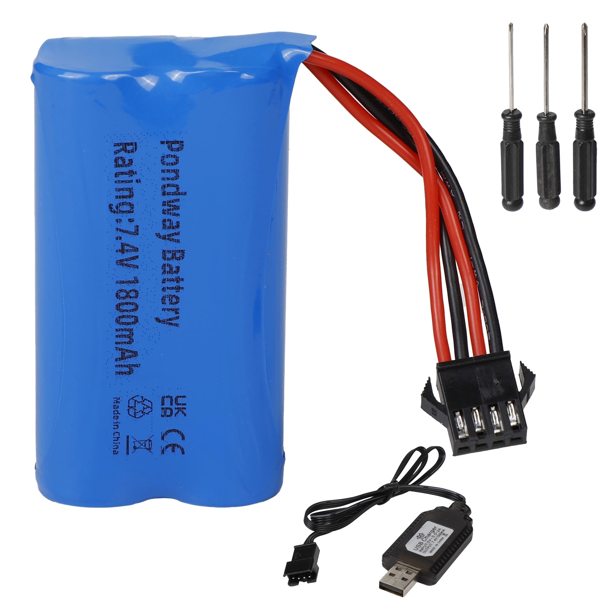PONDWAY 1800mAh 7.4V SM-4P Plug Li ION Battery Compatible with EC08 RC Battery for RC Boat Model Car Toy Car Off Road Climbing Rafting Racing with USB Charging Cable (2)