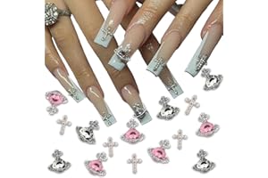 BAOXIMONG 25 PCS Planet Nail Art Charms White Pink 3D Cross Nail Art Supplies with Rhinestones Saturn Shape Design Nail Gems Shiny Nail Jewelry Acrylic Accessories for Women Nail Decorations
