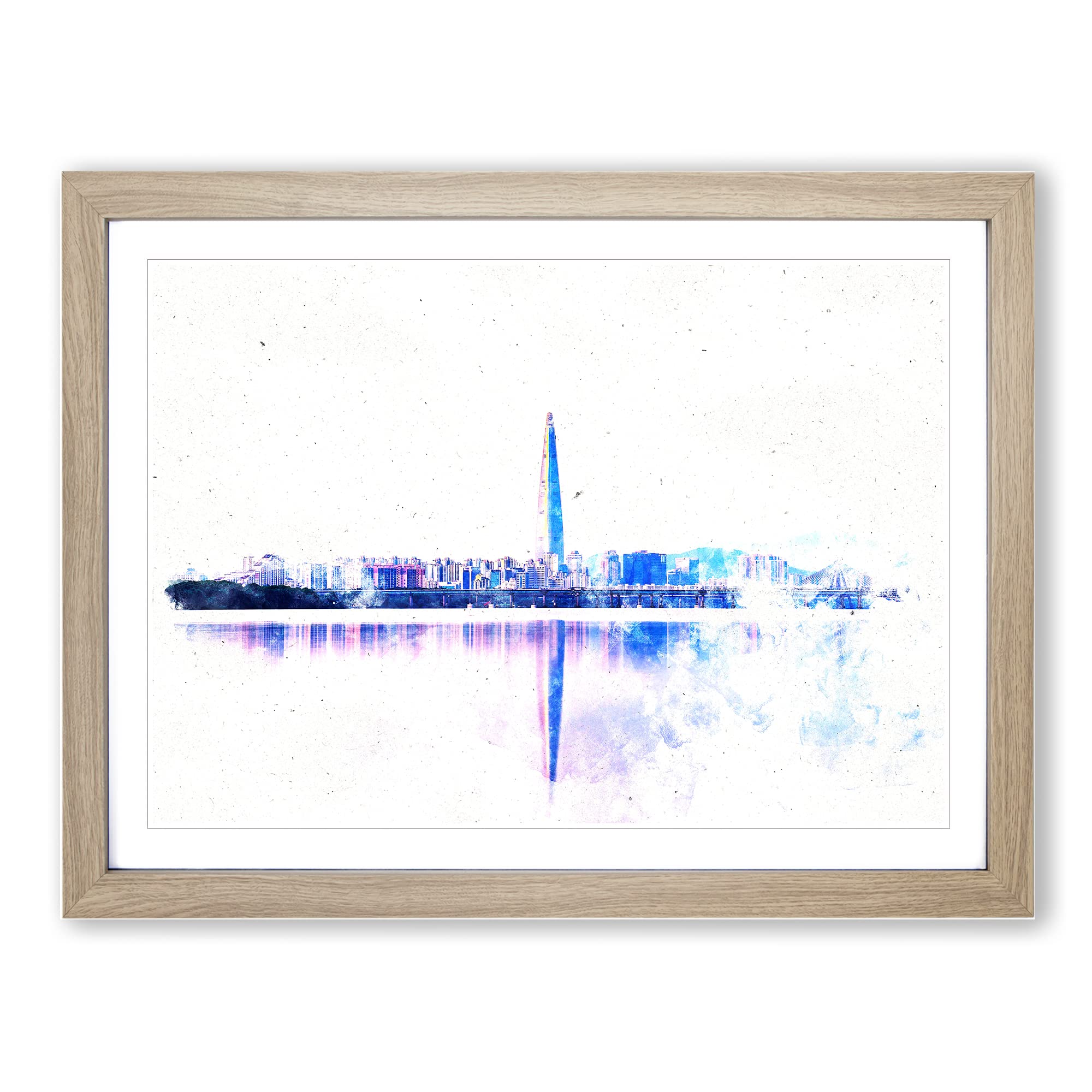 Seoul Skyline In South Korea Watercolour Modern Framed Print | A3 Oak Framed Wall Art | Ready to Hang | Modern Cityscape Picture | Living Room Bedroom Lounge Office