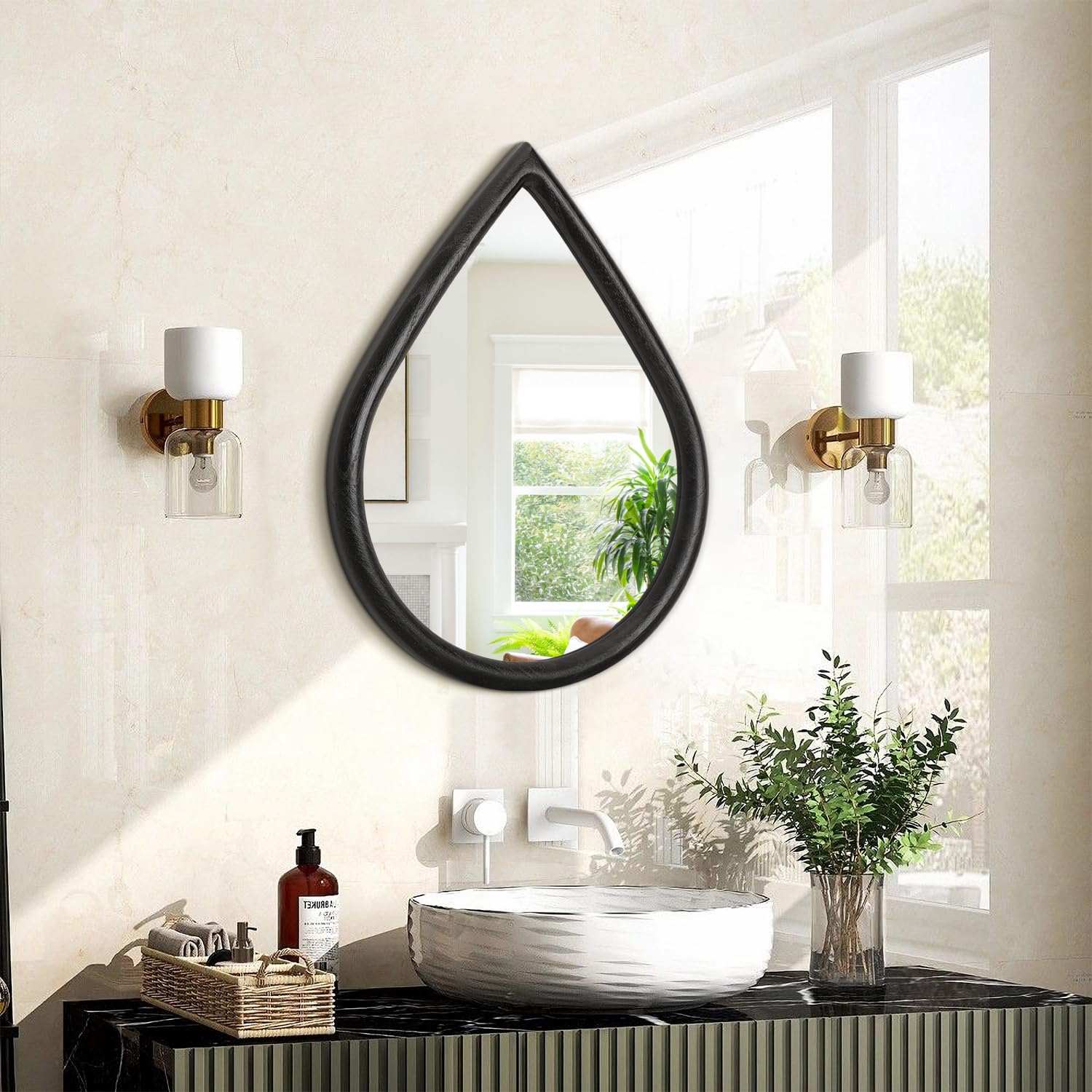 Photo 1 of FEUFOAM Wood Frame Teardrop Mirror Black Wall Hanging Mirrors Farmhouse Small Decorative Mirrors Oval Unique Mirror for Bathroom Living Room Entryway Hallway