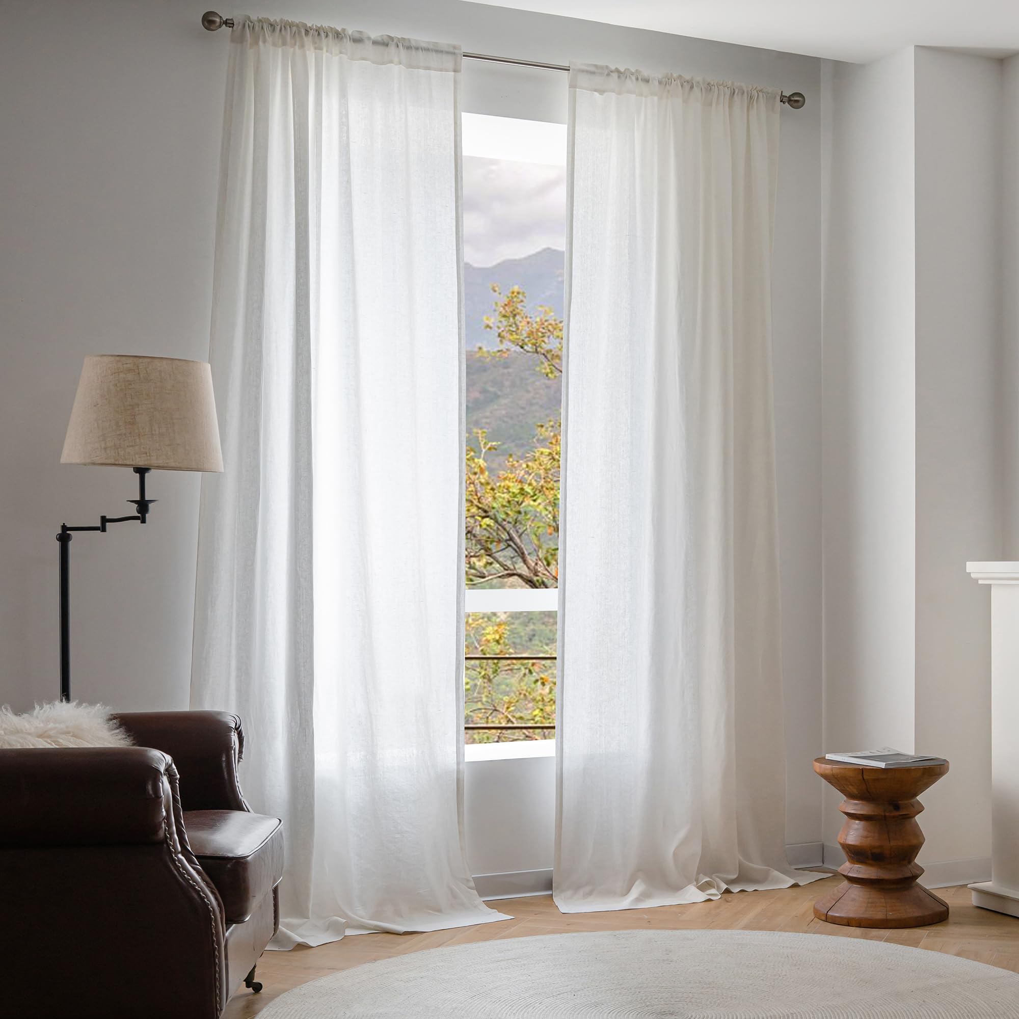 MYSKY HOME Floor to Ceiling Linen Curtains 108 Inches Long White Semi Sheer Window Drapes 2 Panels Set Rod Pocket 100% Linen Fabric Soft Real Linen Light Filtering Extra Long Curtains for Living Room
