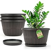 Quarut 10 inch Plastic Flower Pots for Outdoor Plants,4 Pack Large Outdoor Planter Pot with Drainage Holes & Saucers,Imitation Wine Barrel Design,for Indoor Outdoor Garden Plants(Brown)