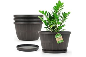 Quarut 10 inch Plastic Flower Pots for Outdoor Plants，4 Pack Large Outdoor Planter Pot with Drainage Holes & Saucers，Imitatio