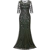 Vijiv Vintage 1920s Long Wedding Prom Dresses 2/3 Sleeve Sequin Party Evening Gown