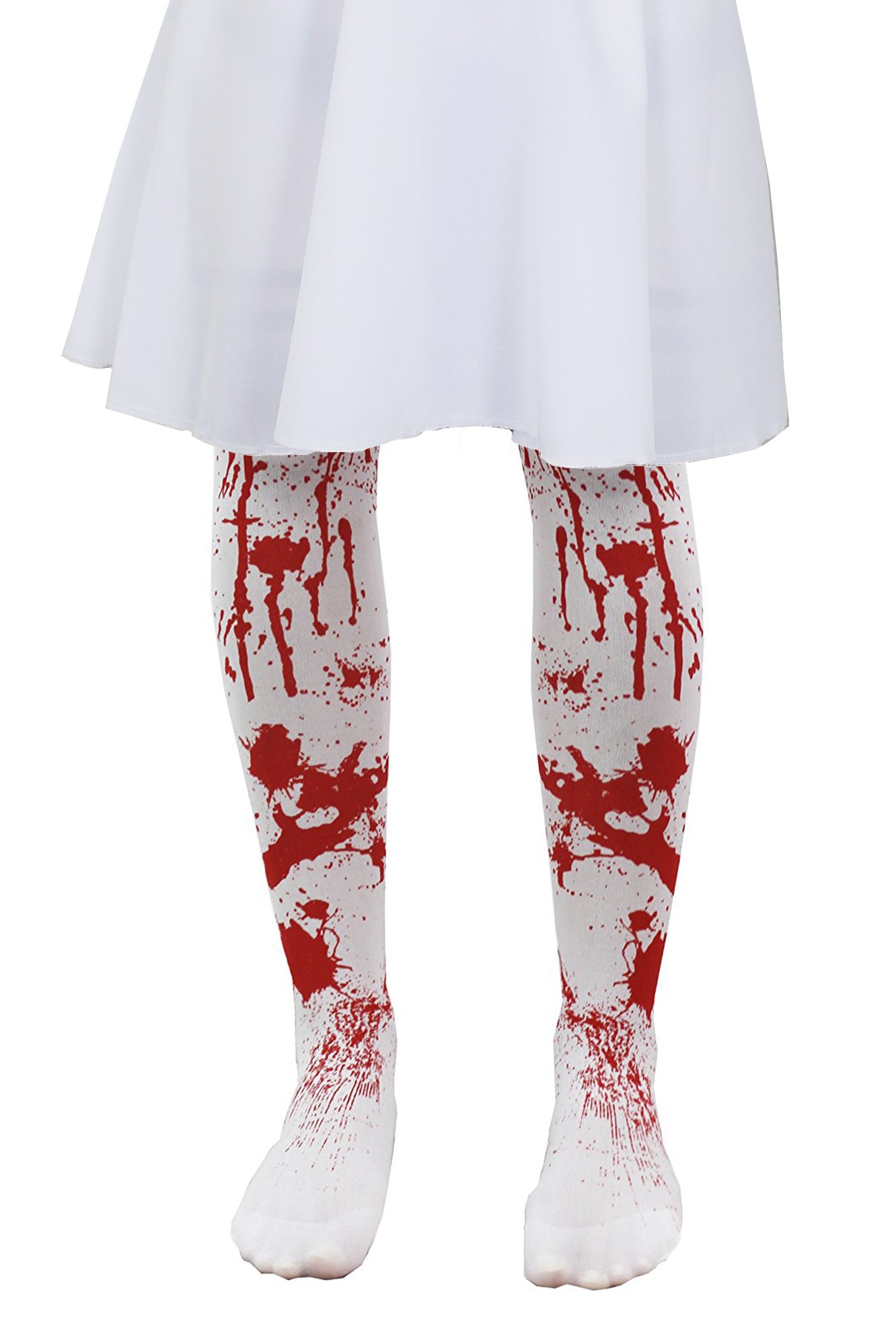 I LOVE FANCY DRESS Girls White Bloodstained Tights - Red Stain Print for Halloween Costumes - Children's (10-14 Years)