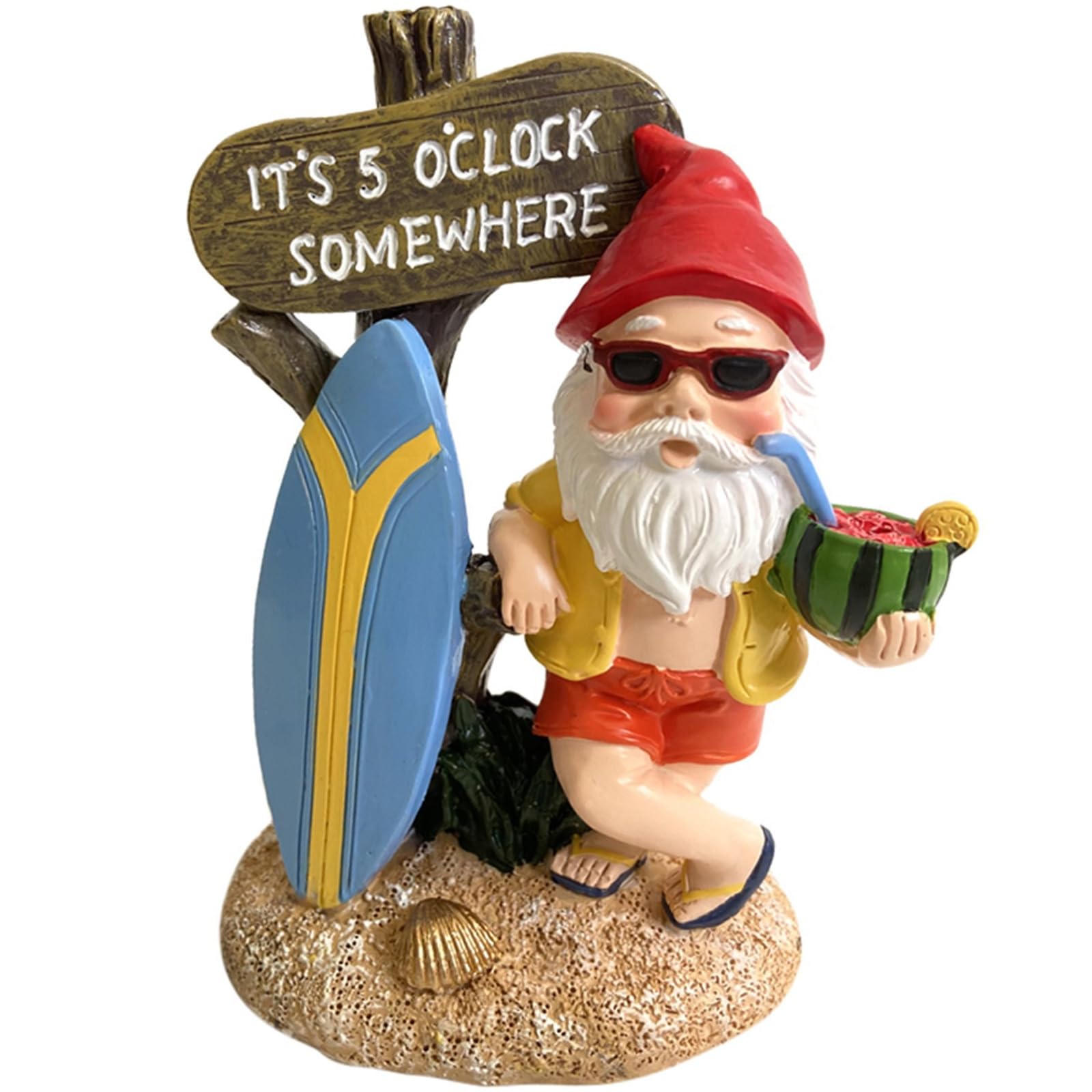 Garden Gnomes Garden Decoration for Outdoor Use 13.5 cm Funny Garden Figures Gnome Casual Gnome with Watermelon Surfboards Fit Better for Summer Waterproof Garden Gnome Figure Gnome for Patio Balcony