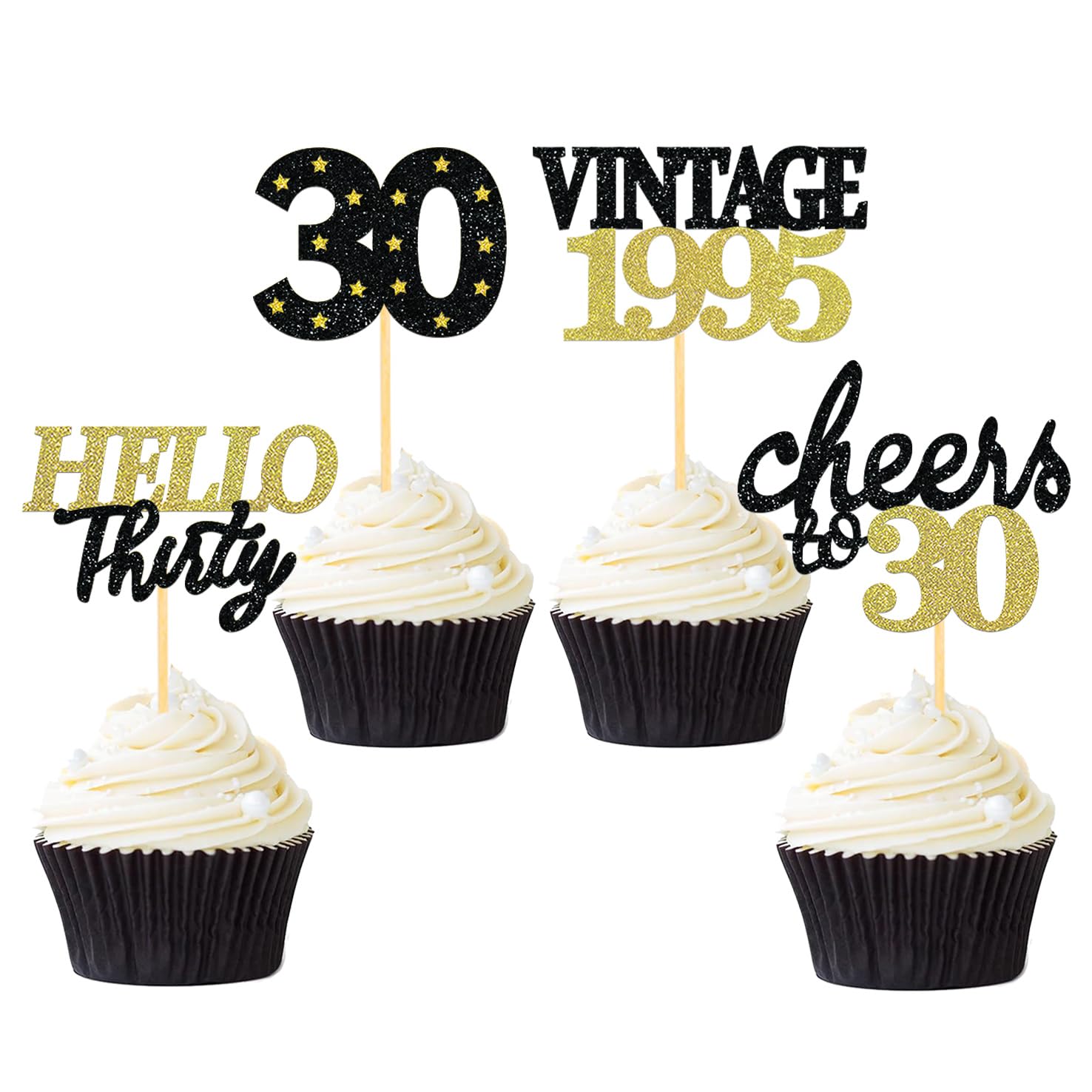 Photo 1 of 24 PCS Glitter 30th Birthday Cupcake Toppers for Celebrating Thirty Years Old Birthday Party Decorations for 30th Anniversary Party Supplies (Black&Gold)