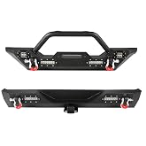 Partree Front Rear Bumper Combo Fits for Jeep Wrangler TJ YJ 1987-2006 | W/ Winch Plate 2" Hitch Receiver D-Rings and Lights Carbon Steel Front and Rear Bumper Powder Coated