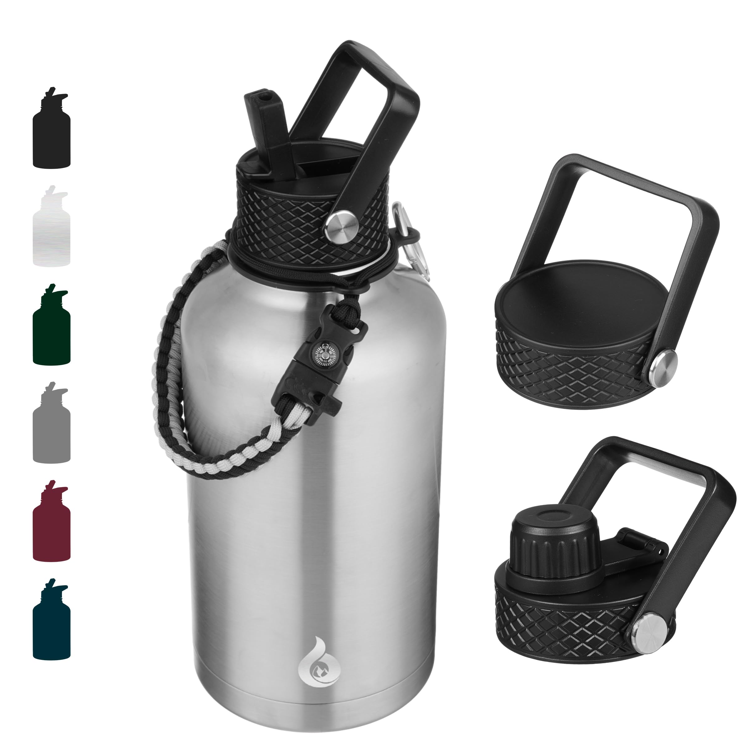 Photo 1 of  Half Gallon Insulated Water Bottles with Straw Lid, 64oz Large Water Jug, Stainless Steel Bottles with 3 Lids and Paracord Handle, Thermos for Hot & Cold Liquid, Stainless Steel
