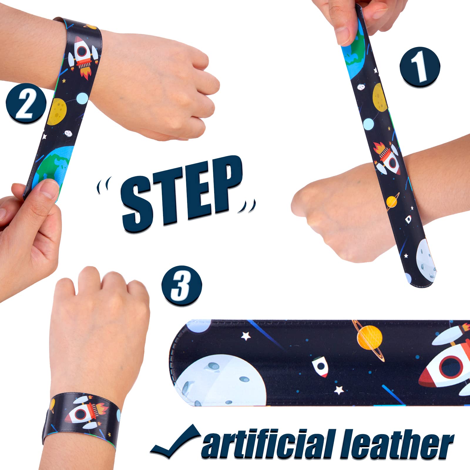MCPINKY Slap Bracelets, 48PCS Kids Slap Wristbands with UFO Astronaut Space Stars Pattern Snap Bracelets for Party Favor New Year Gifts School Classroom Prize Exchange