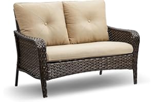 HUMMUH Outdoor Loveseat Sofa,2-Seater PE Wicker Outdoor Couch Porch High Back and Deep Seat Sofa Furniture for Backyard, Deck, Poolside （Brown/Beige）