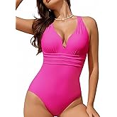 Hanna Nikole Womens One Piece Swimsuits, Tummy Control Deep V Neck Swimwear, Crisscross Back Tie Bathing Suit