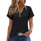 Soesdemo Short Sleeve Shirts for Women V Neck Button Down Floral Soft Boho Womens Blouses Casual Loose Fit Peasant Blouse