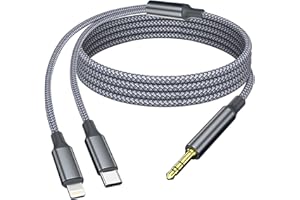 AreMe 2-in-1 USB C to 3.5mm Aux Cord, for Lightning to 3.5mm Car Stereo Aux Cable for iPhone 15/15Plus/Pro/Pro Max/14/13/12/11/XR/X/8/7, iPad Pro/Air and More (Grey, 4FT)