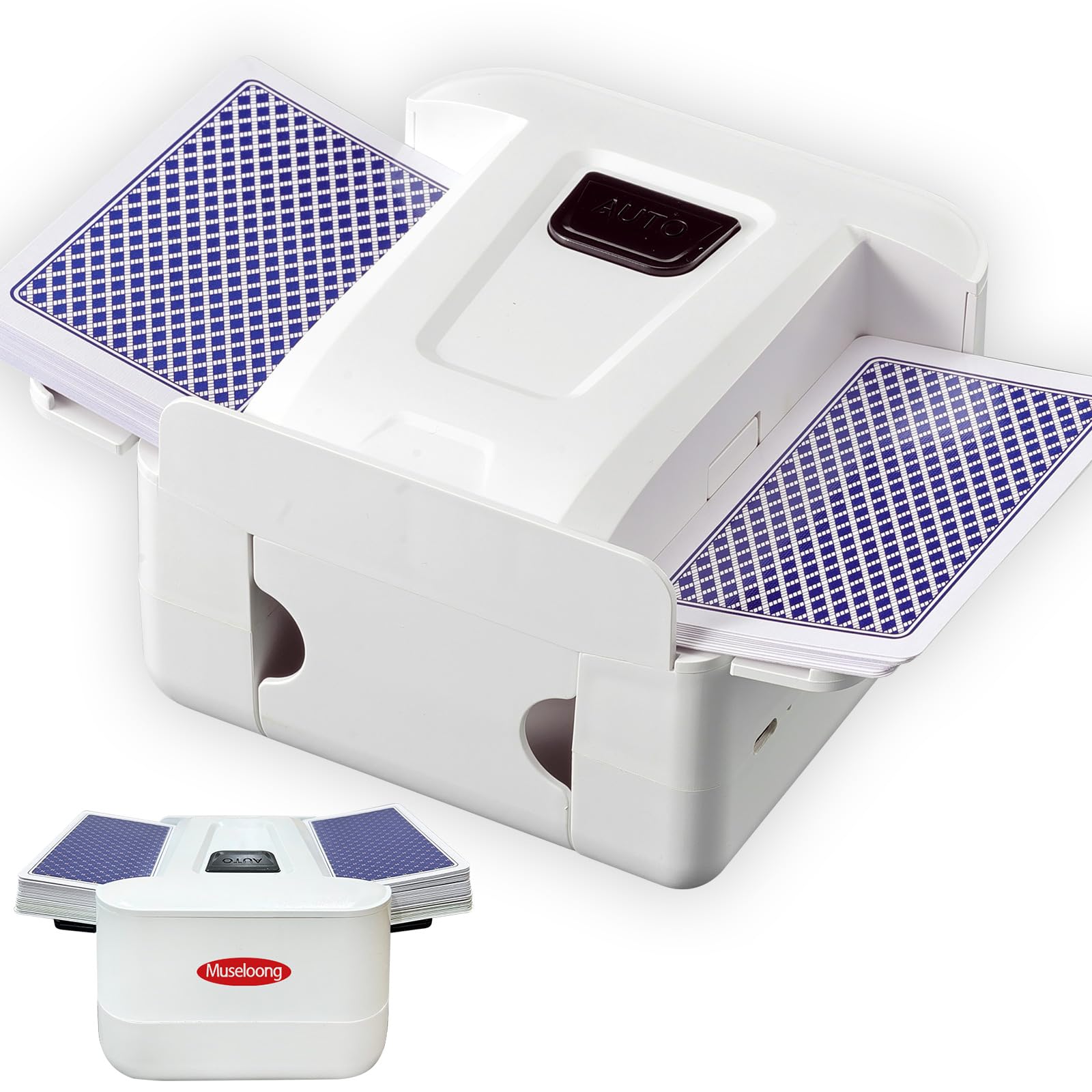 Photo 1 of Museloong Portable Rechargeable Automatic Card shuffler, one-Button Silent Operation, Compatible with Various Card Games, for Poker, UNO, Phase 10, Ideal for Family Parties and Camping (White)