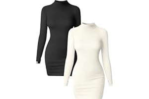 OQQ Women 2 Piece Dress Sexy Ribbed Mock Neck Long Sleeve Tummy Control Mini Dresses
